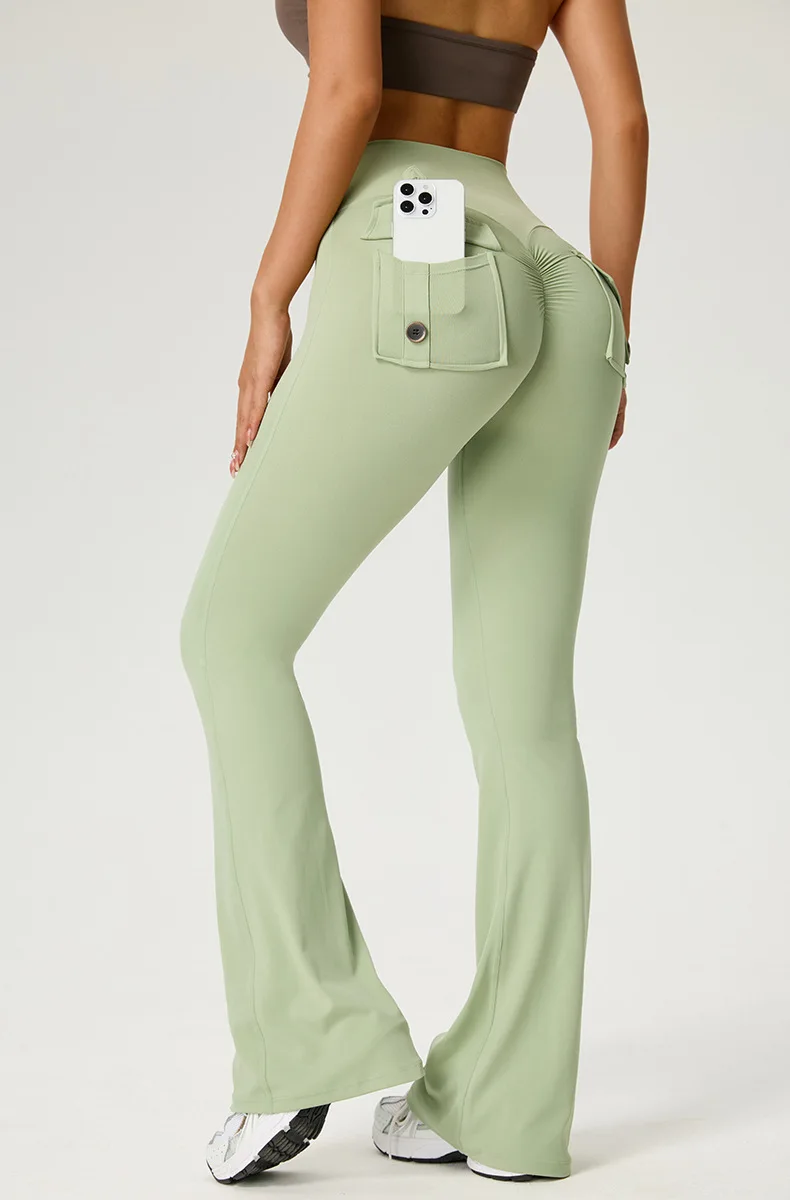 Women's Flared Pants Yoga Leggings Bell-bottoms Tight Elastic Breathable Sports Pants Back Waist Pockets Womens Clothing