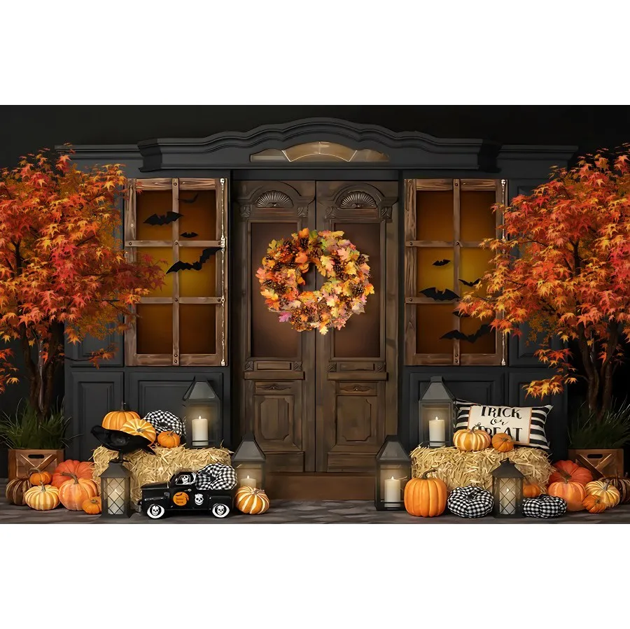 

Halloween Backdrop Autumn Pumpkin Shop Maple Leaf Bat Fall Photography Background Kids Birthday Party Decor Banner Photo Shoot
