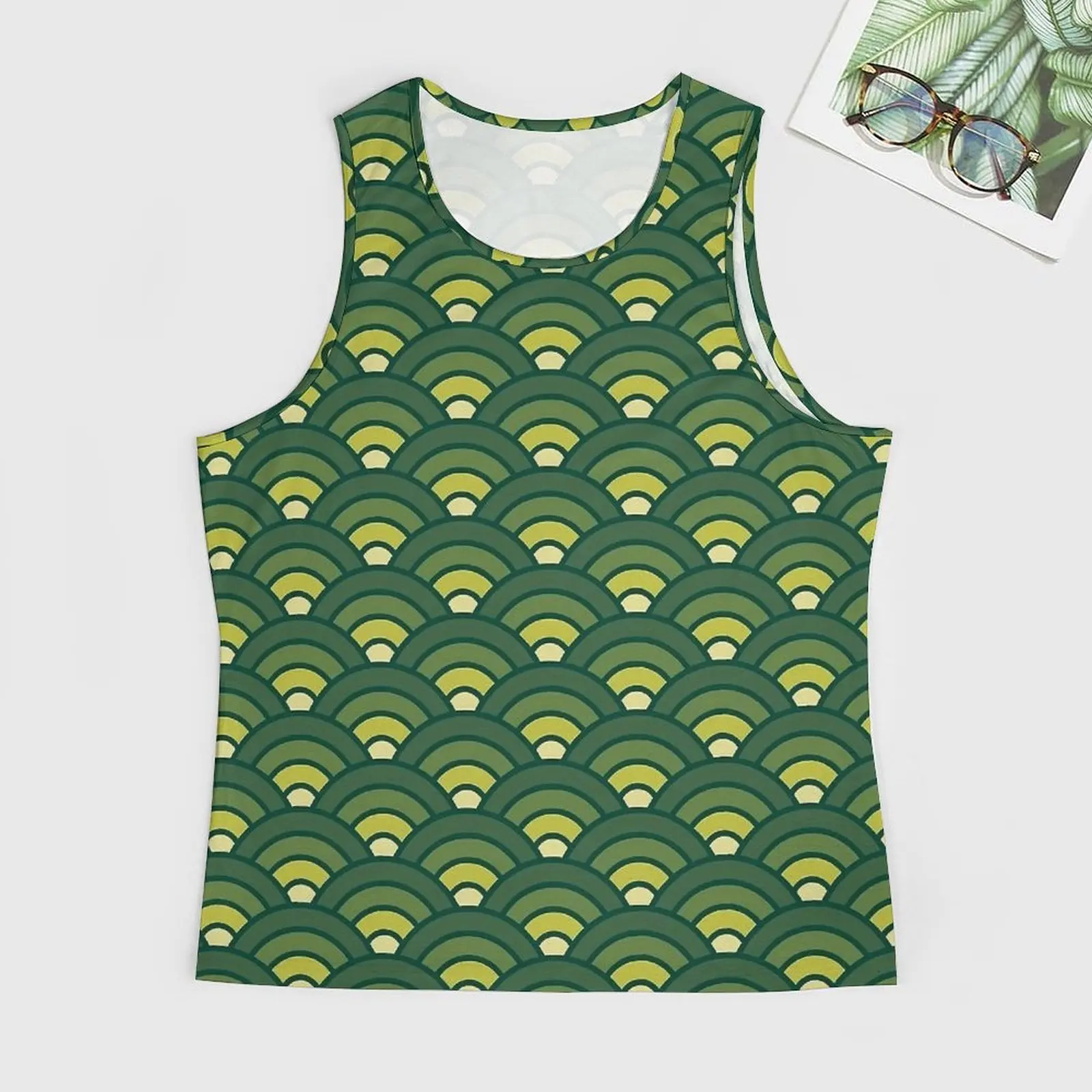 Japanese Seigaiha Tank Top Green Yellow Sportswear Tops Summer Gym Man's Graphic Sleeveless Shirts Large Size 4XL 5XL