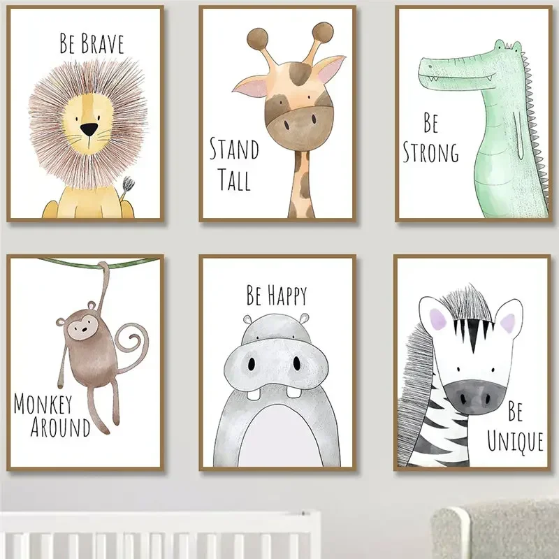 Nursery Wall Art Cute Cartoon Animal Posters with Inspirational Quotes  Giraffe  Lion Be Brave Canvas Prints for Baby  Kids Room
