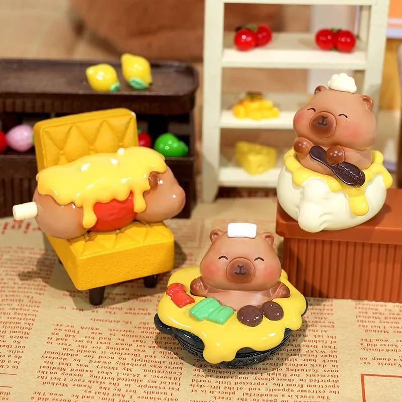 カピバラフードテーマブラインドボックスランダムかわいいフィギュアキュートアニマルデスクトップデコレーションコレクタブルサプライズトイギフト家族への幸運の贈り物