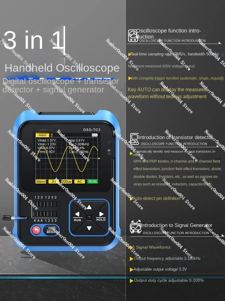 Three-in-one multi-function oscilloscope DSO-TC3 handheld small transistor detection signal generator