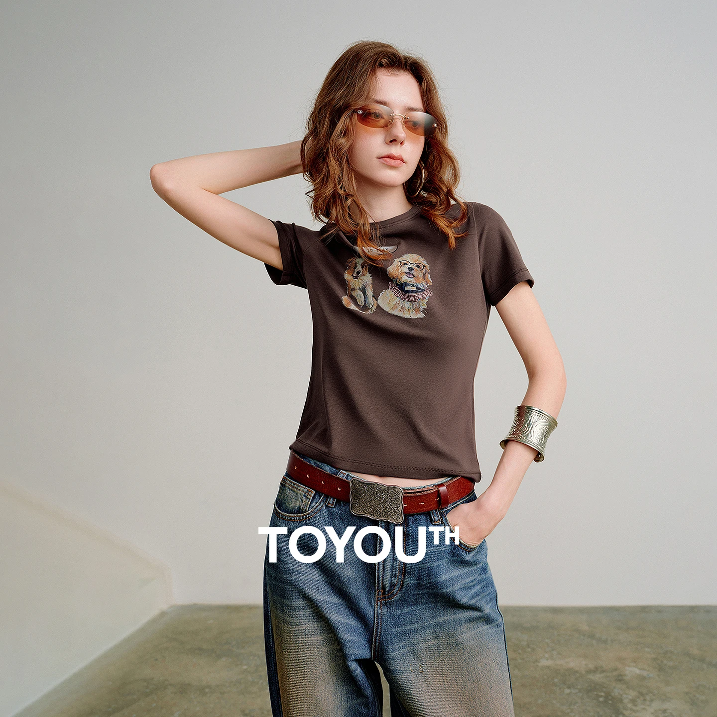 TOYOUTH Women Lyocell Cotton Short-Sleeve Tees 2026 Spring New Slim Fit Cute Pet Print Age-Reducing Tops