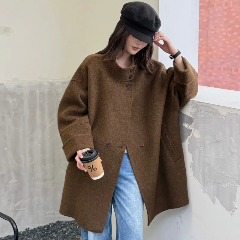 High end double-sided wool woolen coat for women, medium to long Korean style thick and wide loose collar, spring, autumn and wi