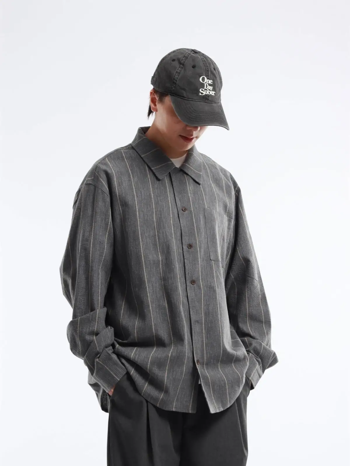 2026 Autumn New Style Cuban Collar Vintage Grey Stripe Long Sleeve Shirt Men Women Casual Loose Shirt Polyester Cotton Blend
