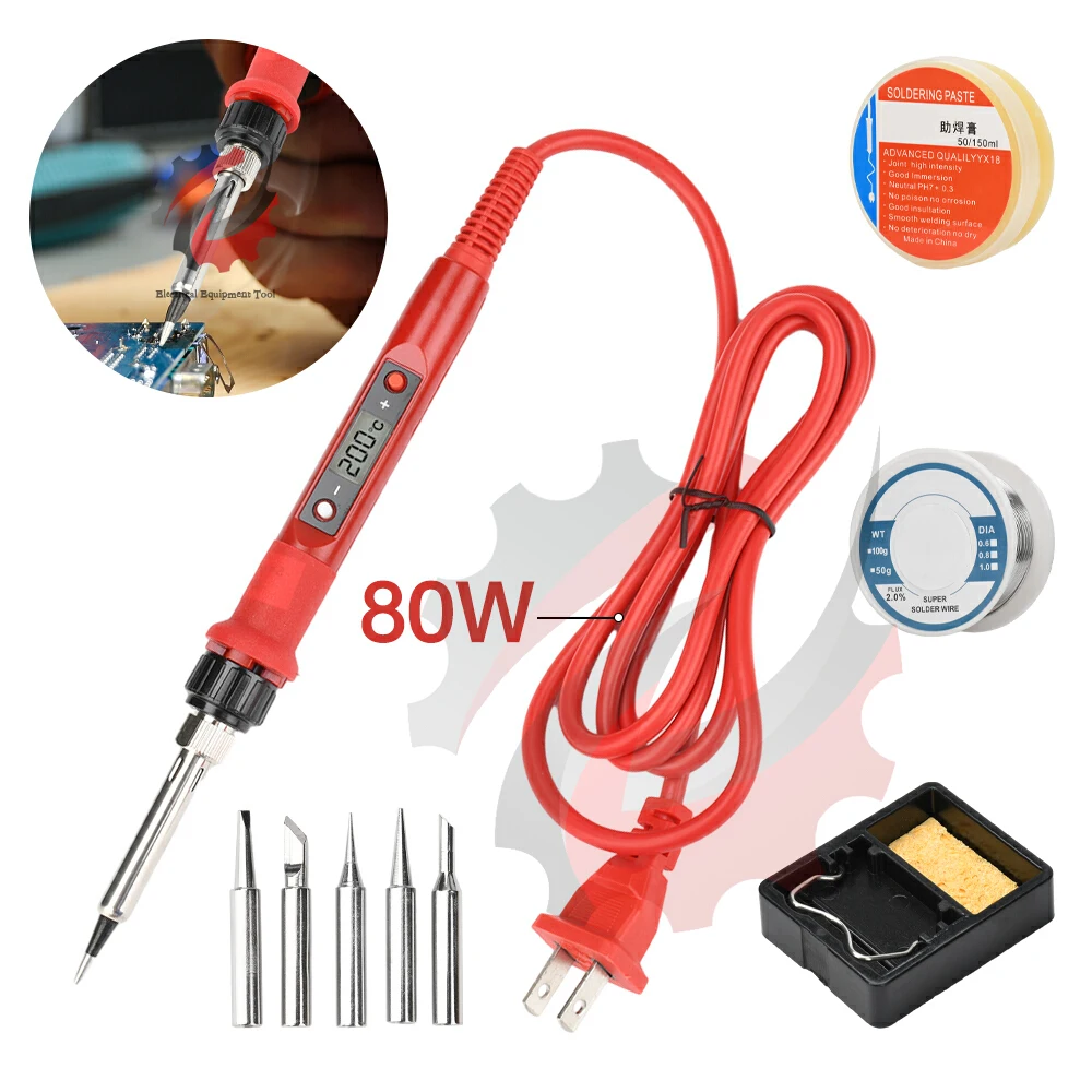 

80W Digital Soldering Iron Kit Adjustable Temperature AC 220V 110V Welding Repair Tool With Solder Tin Iron Tips Ceramic Heater
