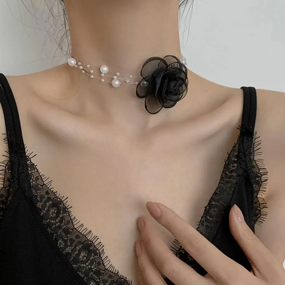 Adjustable Rose Flower Choker Vintage Black White Gauze Clavicular Chain Neck Accessories Pearls Rose Choker Necklace