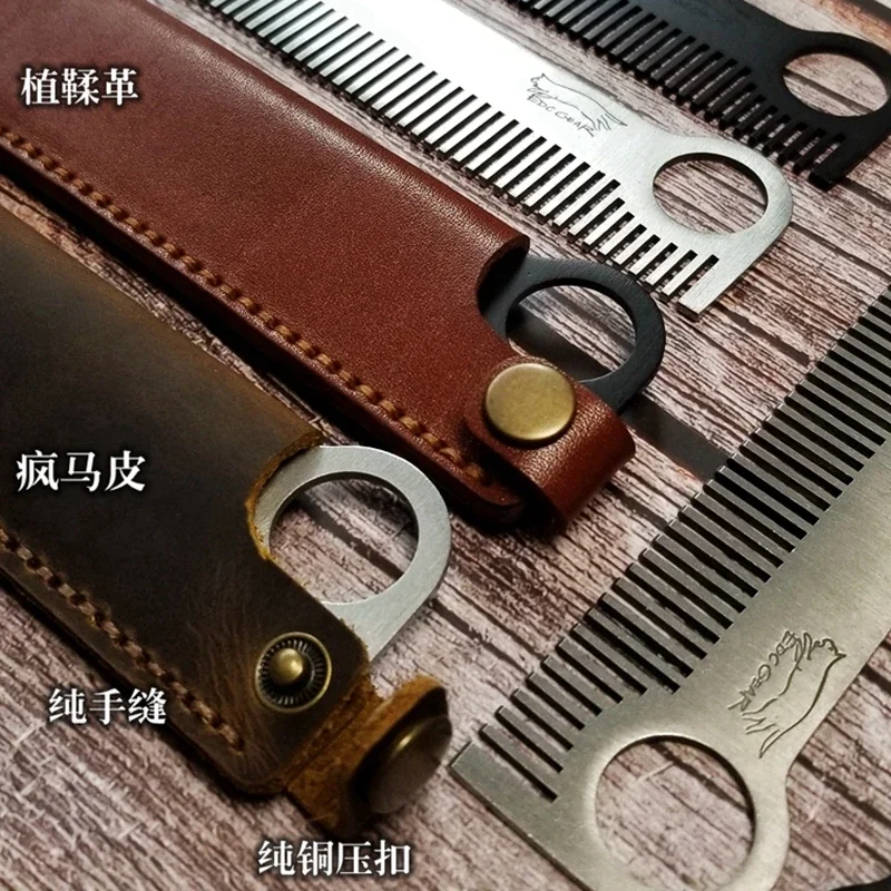 EDC Stainless Steel Comb with Hand Made First Top Layer Cowhide Vegetable Tanned Leather Survival Outdoor Multifunction Pocket