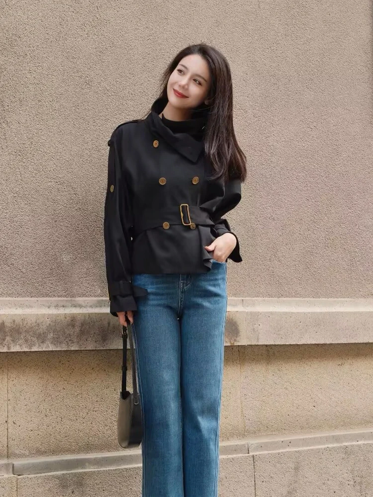 Black Stand Collar Short Trench Coat Gold Double Breasted Belted Jacket Women Casual Daily Commute Outerwear Fall New Arrival