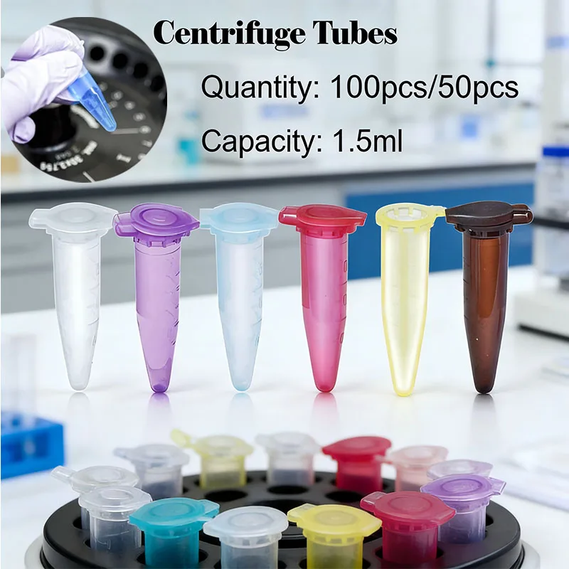 50/100PCS Mixed Color 1.5ml Plastic Centrifugal Test Tube with Snap Cap, Sample Vial for Lab Equipment Storage Experiment Use