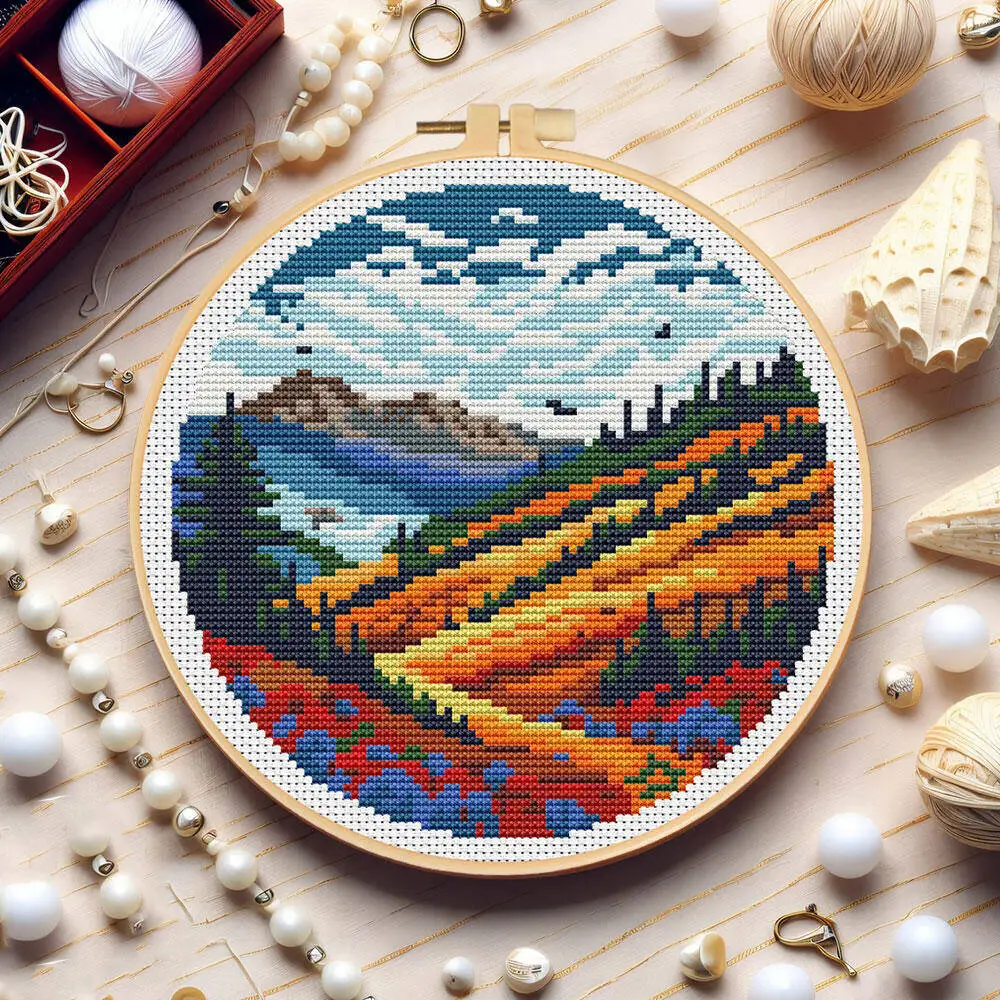Kreuzstich-Sets mit Reifen, Berglandschaftsmuster, neue Werkzeuge, neue Ankunft, Kreuzstich, bedruckte Leinwand, handgefertigtes Geschenk