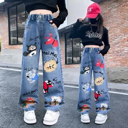 New 2024 Teenage Girls Blue Street Cartoon Print Elastic Mid Waist Loose Denim Jeans Spring Fashion Children Cute Wide Leg Pants