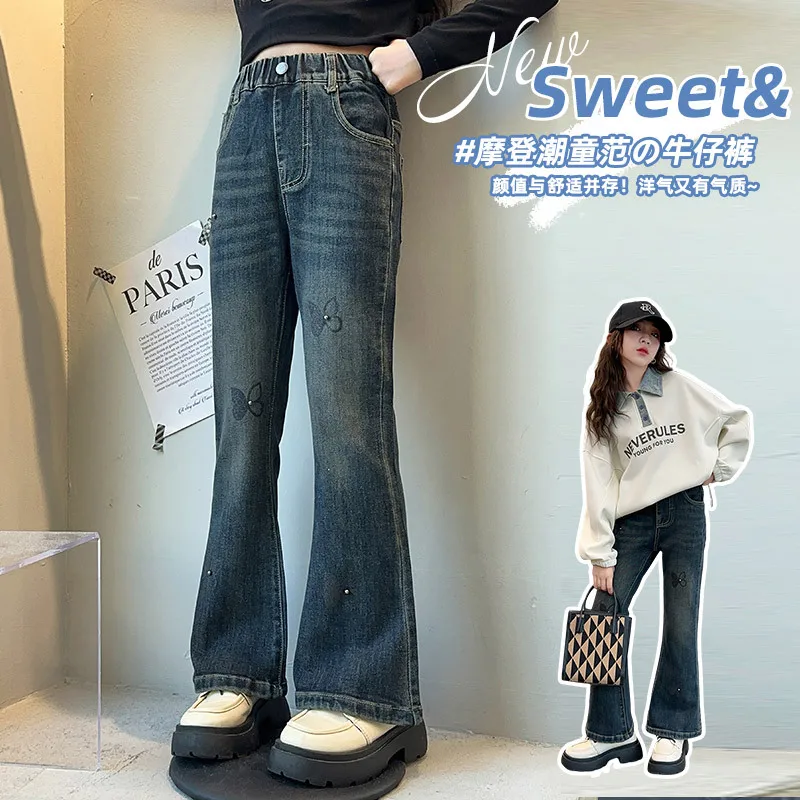 Pantalon en denim évasé pour adolescentes, jean rétro pour enfants, motif de broderie papillon, grand pantalon commandé pour enfants, 5-15 ans, automne, nouveau
