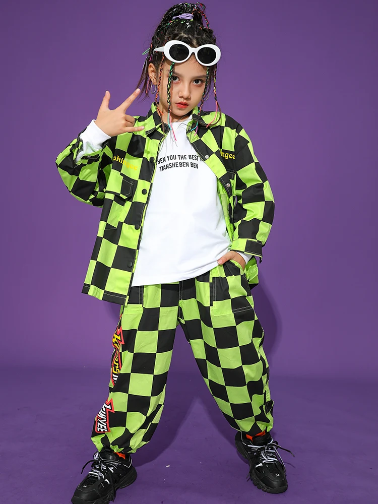 Fashion Kids Costume Green Checked Shirt Pants For Girls Jazz Dance Costume Hip Hop Clothing Boys Stage Performance Wear  BL9900