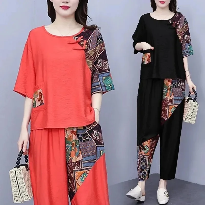 Traje coreano de lino y algodón para mujer, traje de viento étnico de 2 piezas, informal, camisa de manga corta, novedad de verano 2024