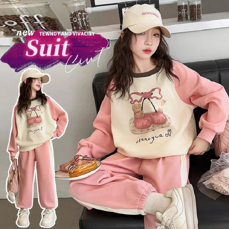 Spring Autumn Girls Cotton Contrast Cartoon Sweatshirt+Sweatpant Workout Sets School Kids Tracksuit Child Jogger Outfits 5-16Yr