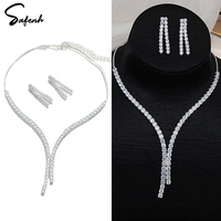 2Pcs/lot Simple Fashion Geometric Zircon Necklace Earrings Kit For Women Wedding Bride Jewelry Set Accessories Gift