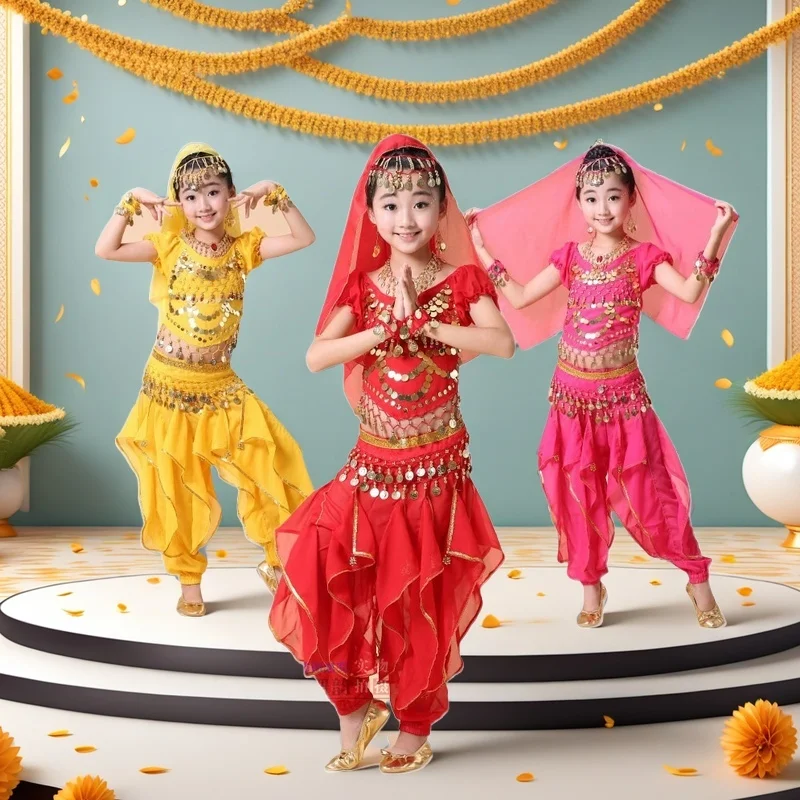 Abbigliamento da ballo Set di costumi di danza del ventre per bambini Vestito di fiori indiani per ragazze 6 pezzi (copricapo di velo con gonna e cintura superiore)