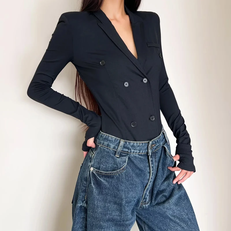 

Women Padded Shoulders Slim Fit Blazer Bodysuit