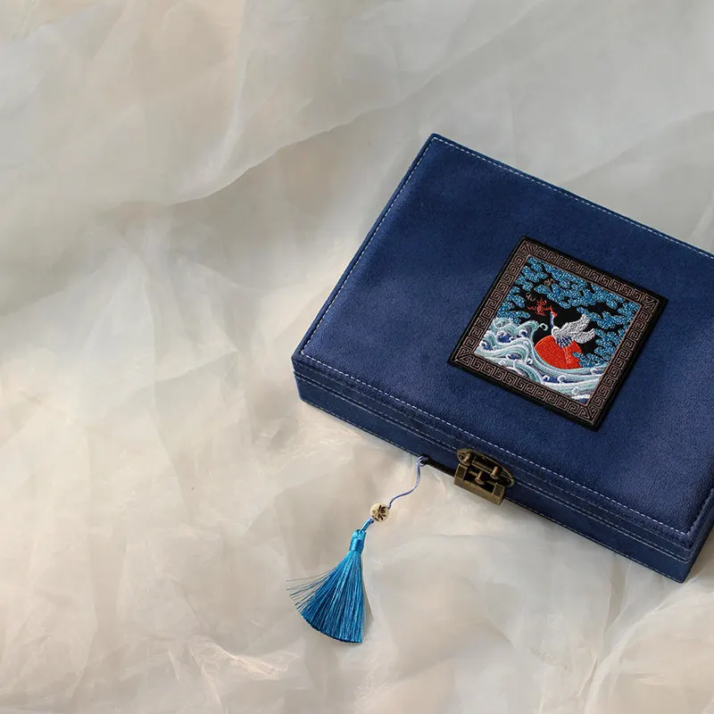 Ming Qing Official Embroidery Jewelry Box Chinese Ancient Lock Storage Case Key Pendant Engraving Gift