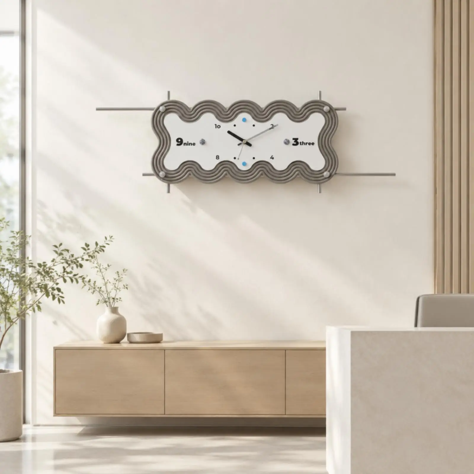 Analog Wall Clock Decorative Wavy Rim Design with Metal Rods for Living Room Modern Sculptural Home Accessory