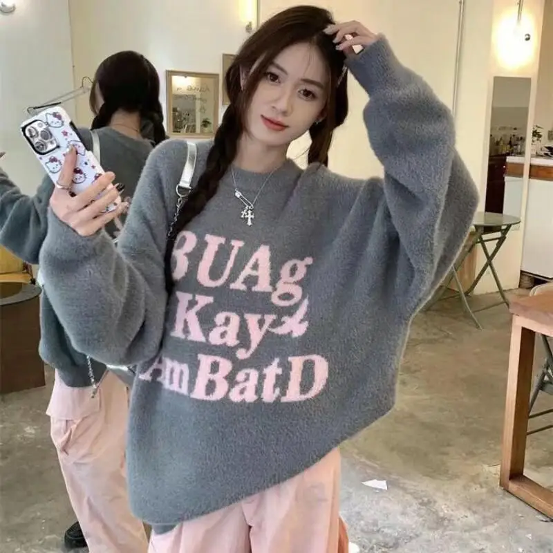 

Женский свитер в корейском стиле, модный, с буквенным принтом, новый, с круглым вырезом, трикотажный, средней длины, свободный, весенне-осенний, хлопковый.