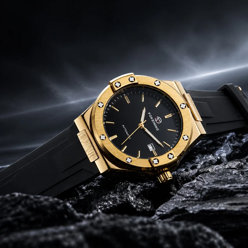 FORSINING Men’s Watch Mechanical Automatic Date Screw Bezel Exhibition Case Back Silicone Rubber Band Male Sport Wristwatch