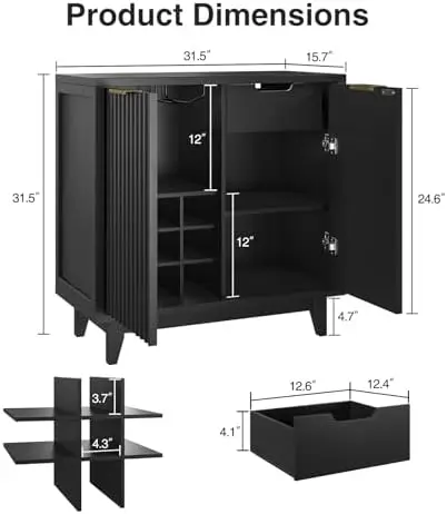 Fluted Coffee Bar Cabinet with Storage, Modern Sideboard Buffet Cabinet with Removable Wine Rack, Drawer, Adjustable