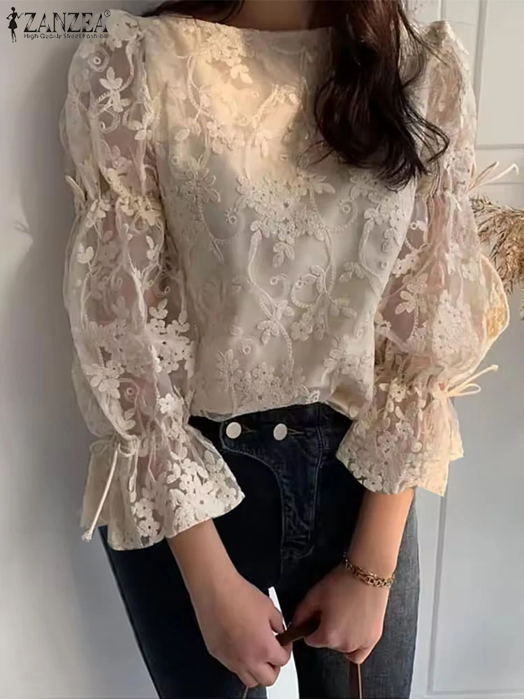 ZANZEA Women Lace Embroidery Blouse Vintage Puff 3/4 Sleeve Tops Korean Fashion Hollow See Through Tunic Holiday Sweety Blusas