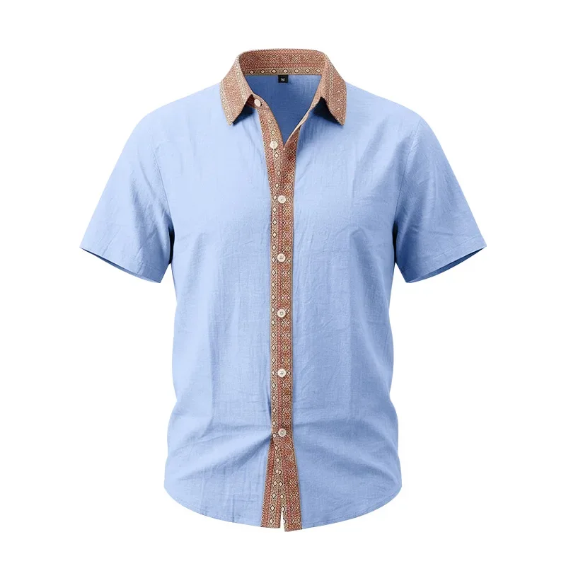 2026 Summer European and American Men's Shirts Short-Sleeved Casual Men's Neckline Contrasting Color Linen Lapel Top Shirt