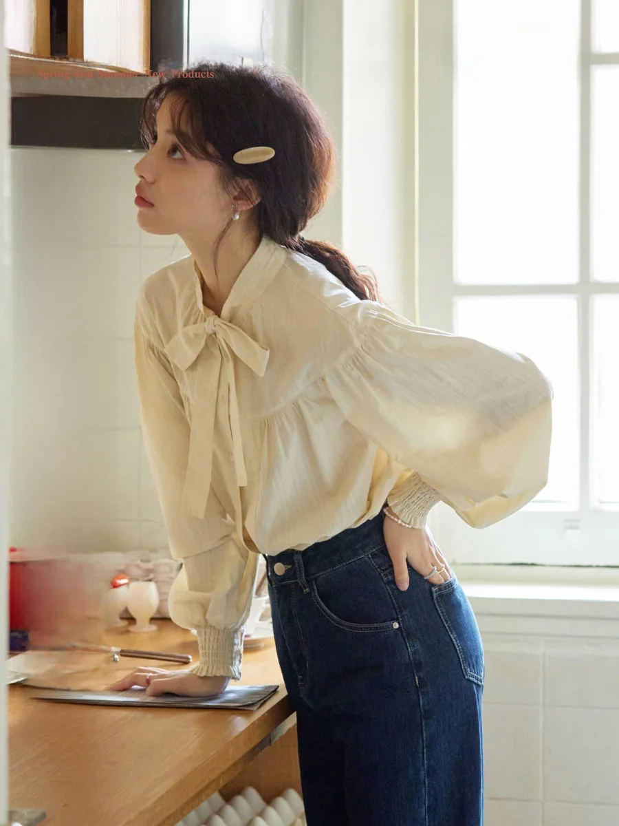 

Желтая женская блузка из чистого хлопка с длинным рукавом, новая модель ранней весны, с завязками на талии, модная, от Novet Eleven