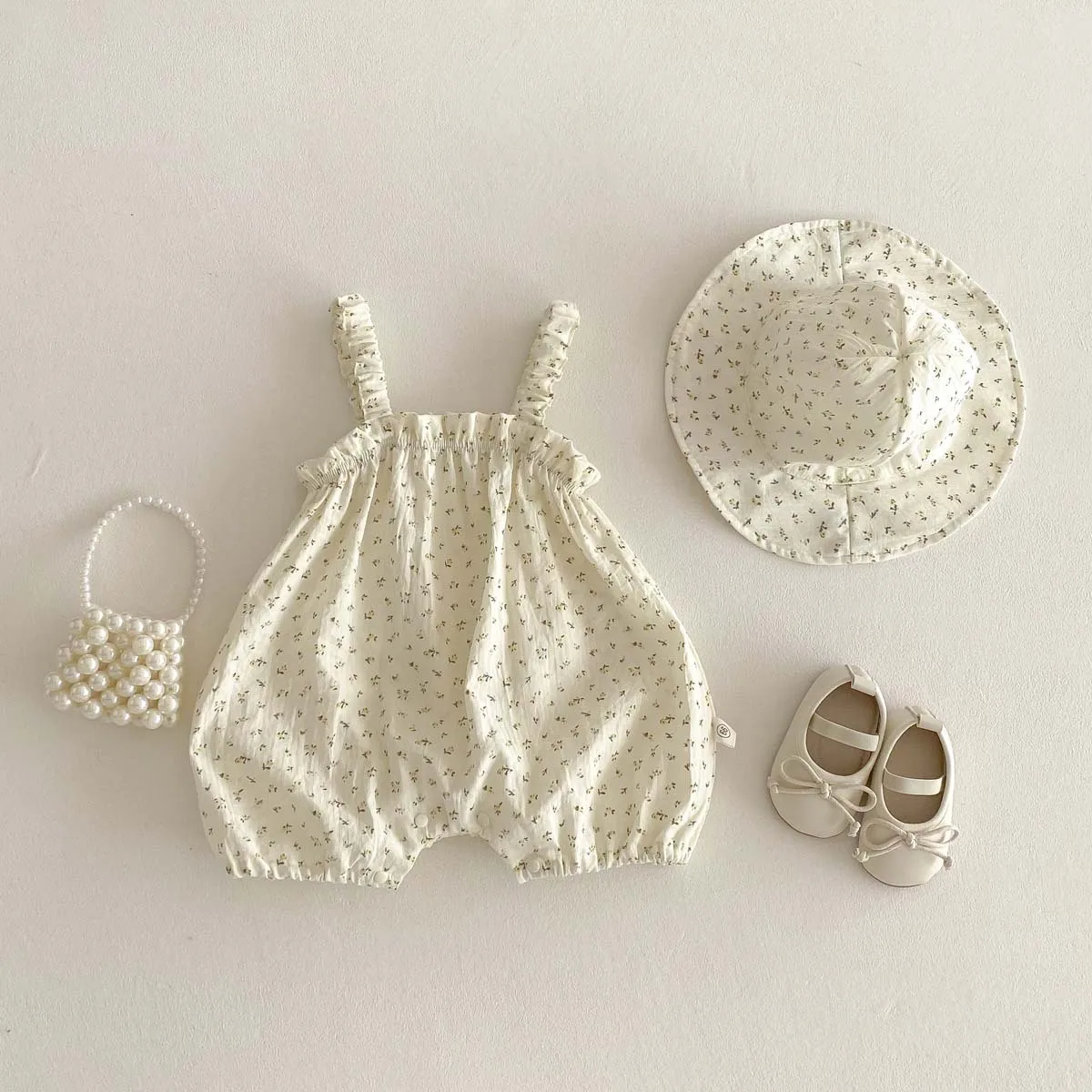 Baby Cute Summer Romper Infant Girls Sleeveless Flower Sling Jumpsuit And Hat 2pc Climbing Suit Baby Thin Rompers Outfits