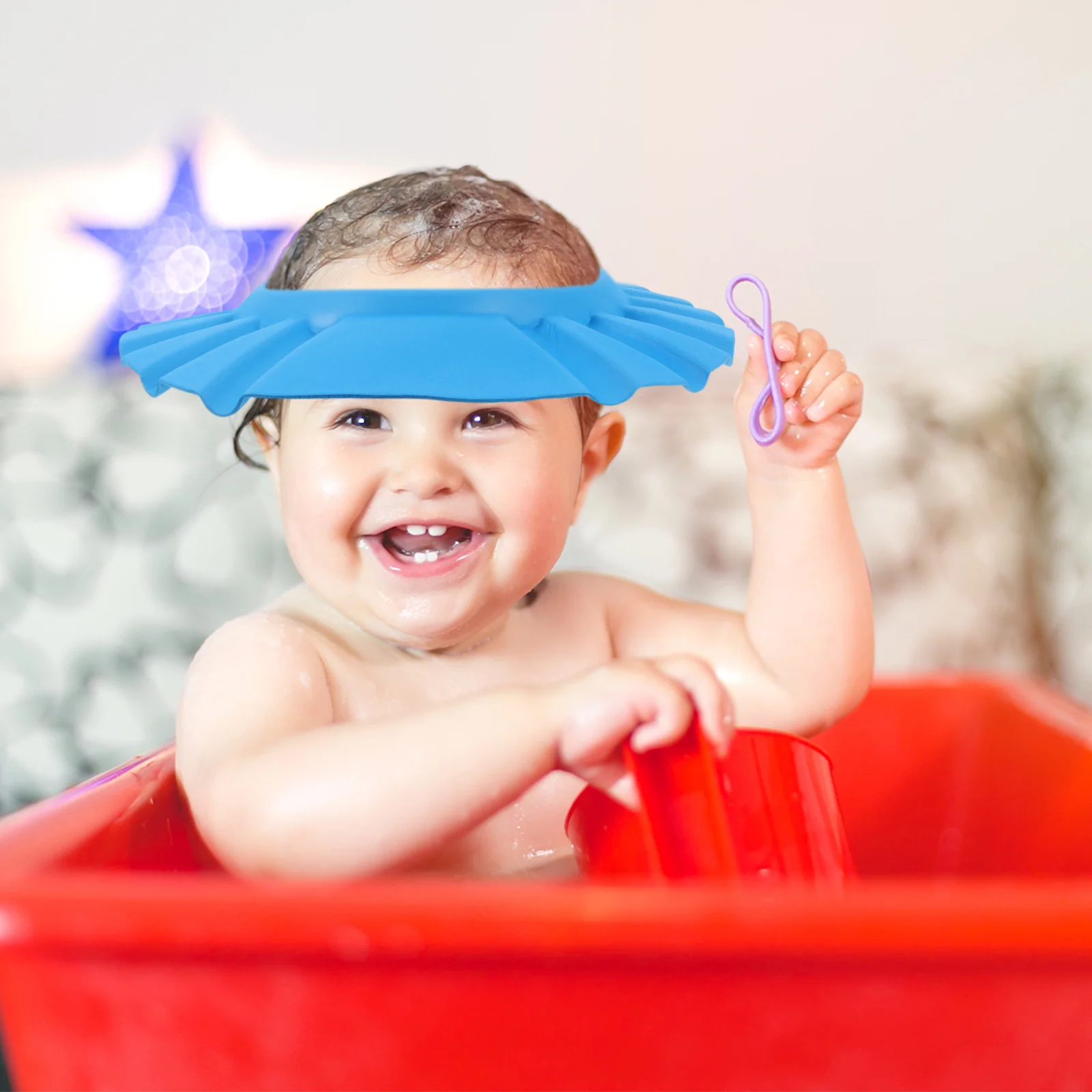 

Adjustable Baby Shower 80°C Heat Resistant Bathing Hat for Kids 3-60 Months 40-55cm Head Circumference Water Flow Slot for Bath