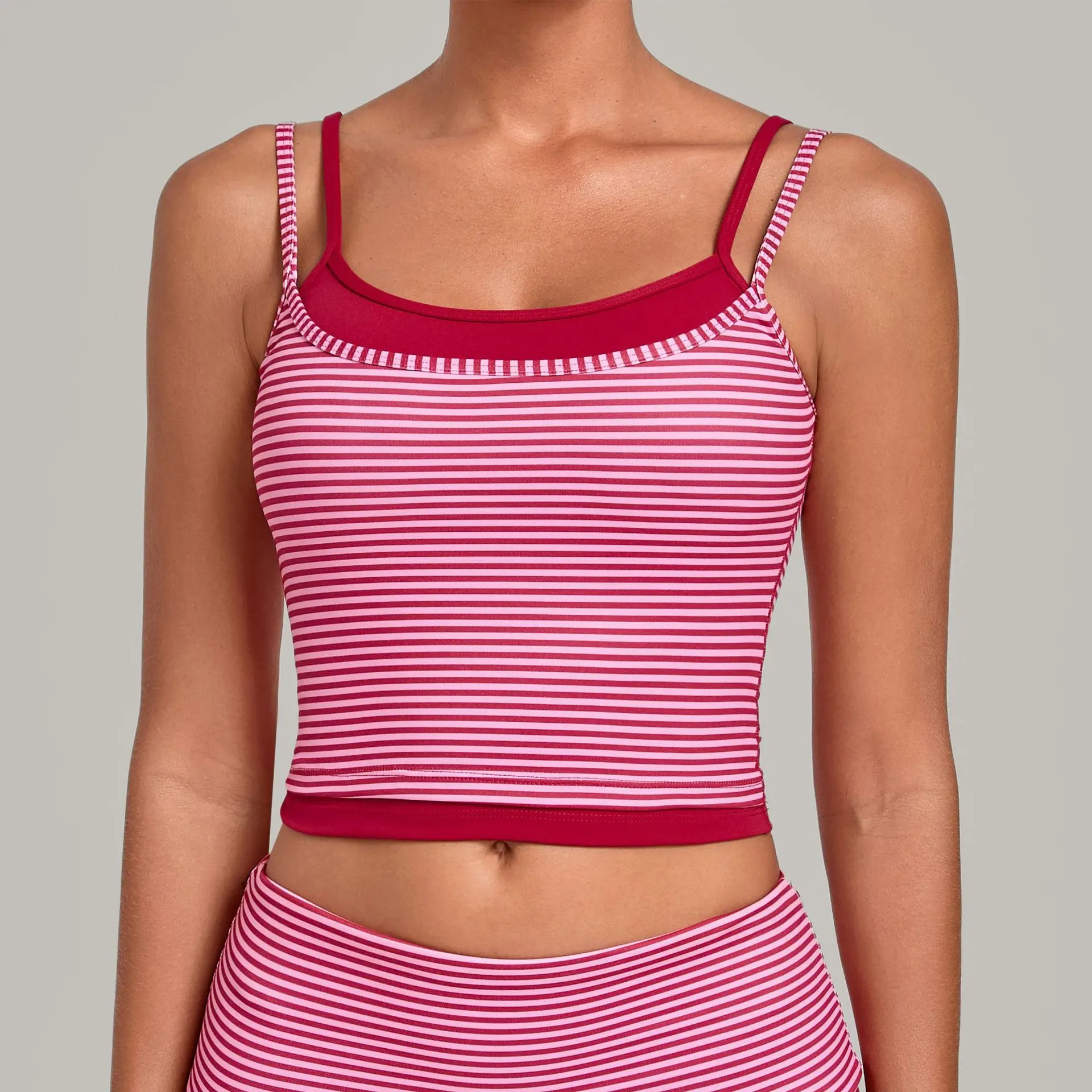 Vintage Print Color Block Striped Sports Top Halter Neck Faux Two-piece Cinched Waist Shaping Plus Size No Pad Yoga Tank Top