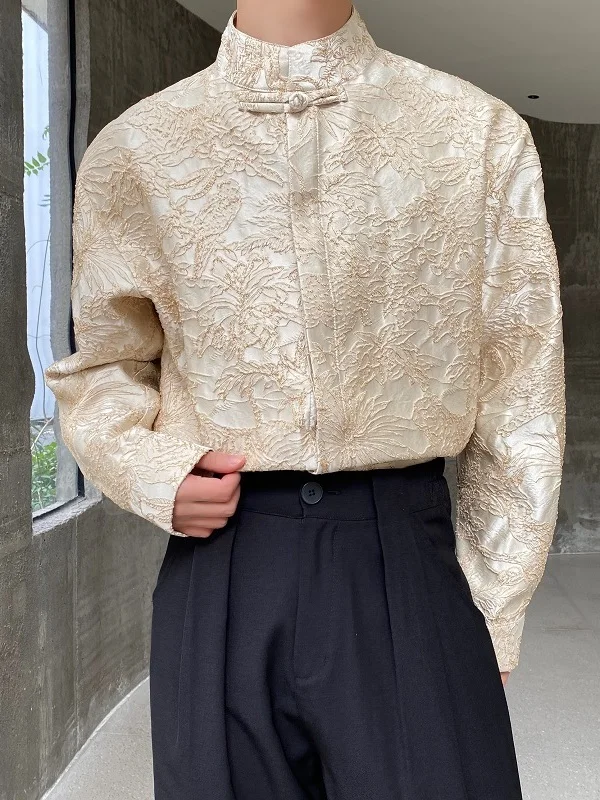 

Новая мужская рубашка в китайском стиле, весна 2024, премиум-класса, с воротником-стойкой, на пуговицах, с 3D-вышивкой, длинный рукав, традиционный дизайн