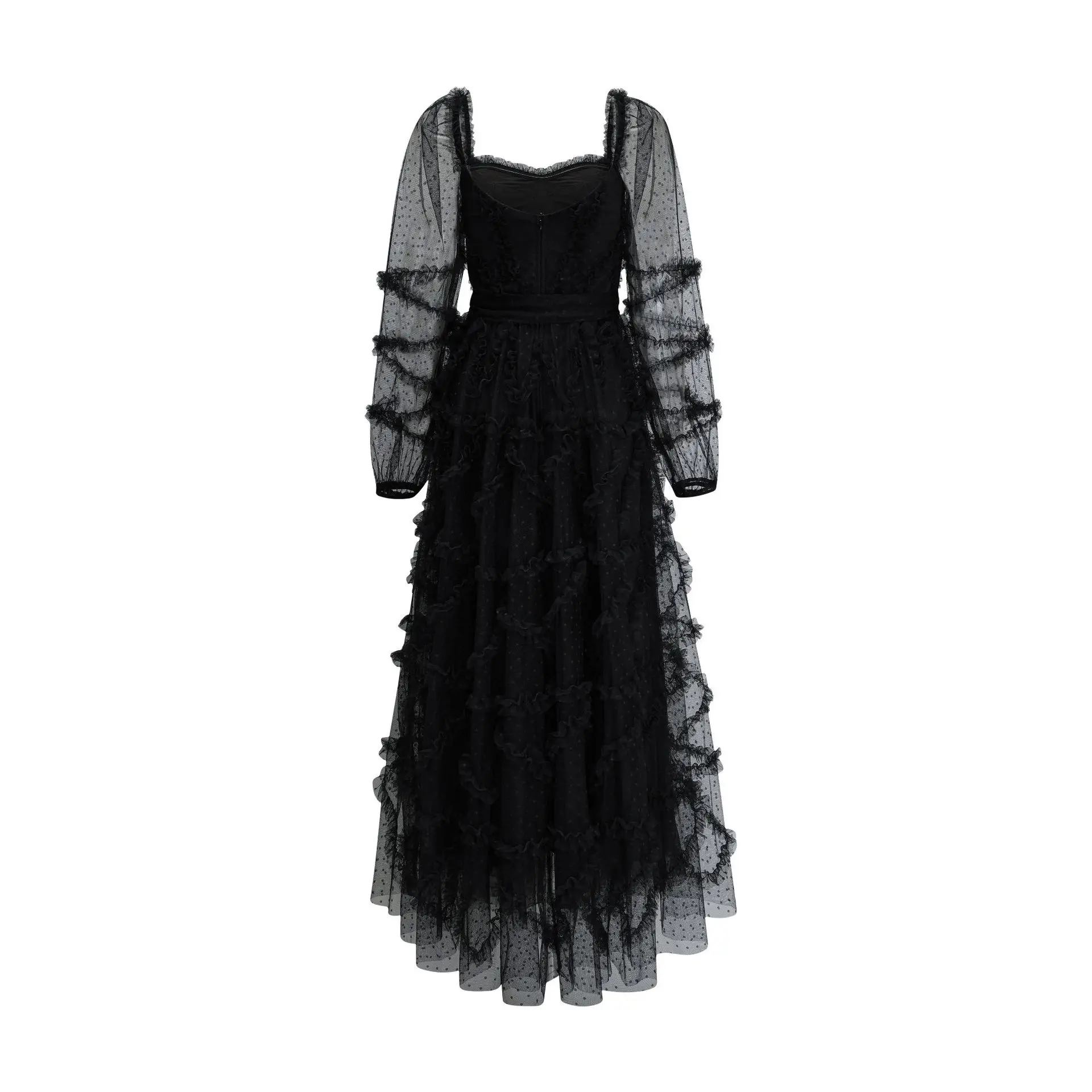 فستان وصيفة العروس للزفاف بلون واحد ربيعي جديد لعام 2025 فستان رسمي أنيق بفيونكة ومنظور شبكي للتطهير على الأرض وأكمام طويلة