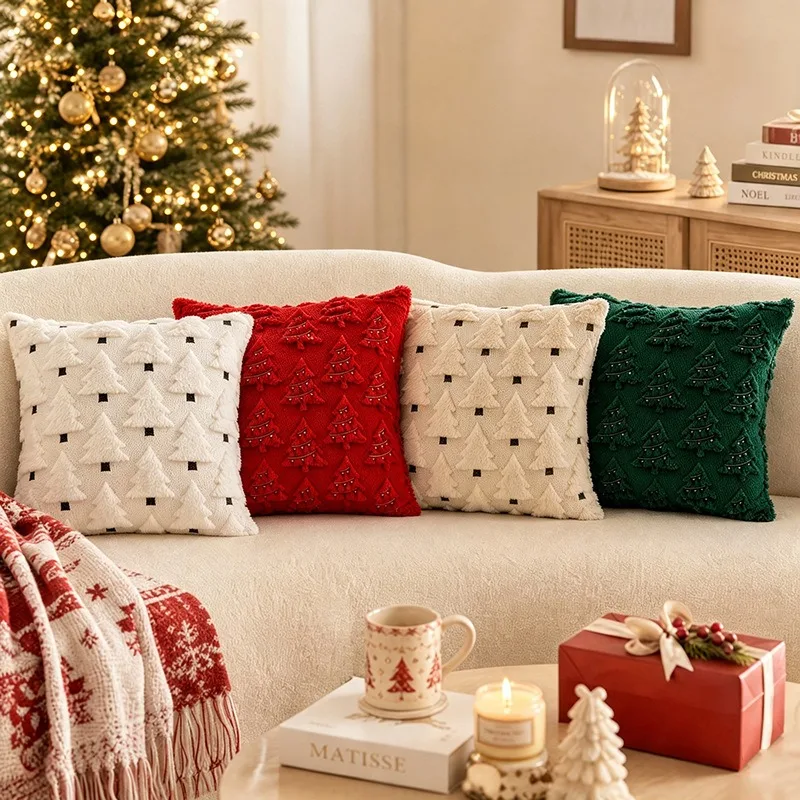 1PCS Christmas Pillow Cover Soft Velvet Christmas Pillow Cover Square Embossed Christmas Tree Cushion Cover Themed Home Decor
