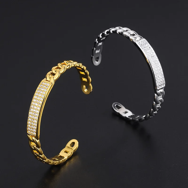 

European and American Micro Pave Zircon Full Diamond Bracelet Open Gold Plated Hollow Chain Bracelet Bangle for Women