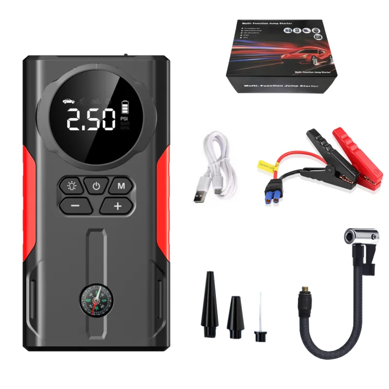 

Portable 6-in-1 Jump Starter Car Booster Power Supply Bank Charger Lithium Group Tire Air Pump Tire Charger with Light