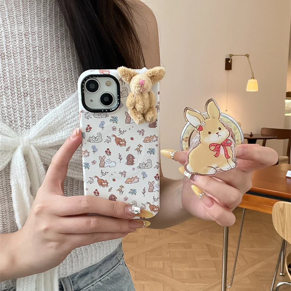 

Korean cute plush rabbit For Magsafe stand holder phone case for iPhone 13 14 15 16 17 Pro Max flowers kitten protective cover