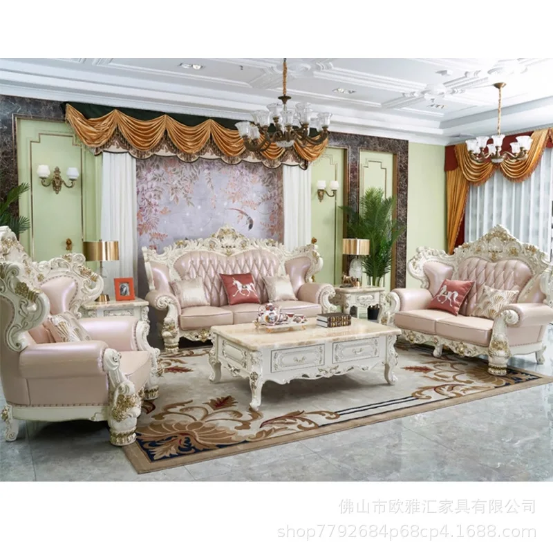 European Sofa Combination Living Room Luxury Leather Villa Large Apartment Luxury Ivory White All Solid Wood Furniture Set