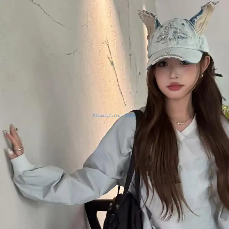 652B Distressed Dog Ear Casquettes Hat 2000S Cool Baseball Hat Breathable Sun Hat Long Brims Hiphop Dancing Hat for Adult Teens