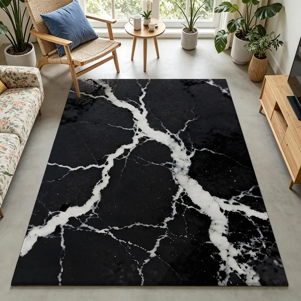 2D 1 piece black marble veining soft comfortable, easy to care, machine washable indoor rug suitable for under dining table, under coffee table, beside bed, entryway, hallway, home office, rustic style home decor