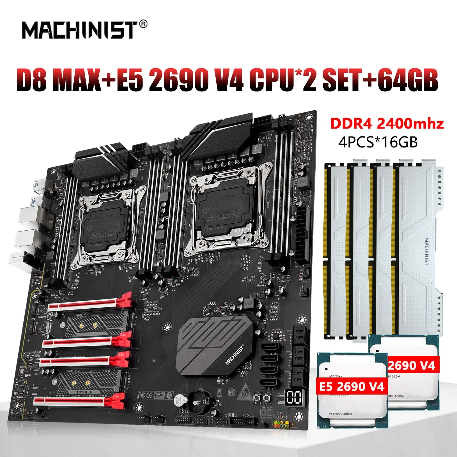 MACHINIST X99 Kit Motherboard LGA 2011-3 Xeon 2690 V4 Dual CPU Processor Set ECC DDR4 4*16GB 2400mhz RAM Memory E-ATX D8 MAX