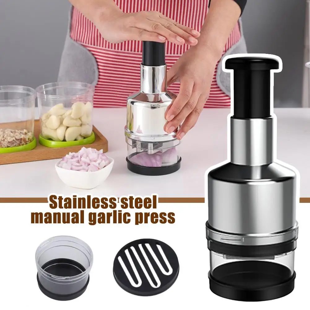 304 Stainless Steel Manual Garlic Press Vertical Hand Cutter Chopper for Onion Nuts Vegetable Food with Storage Kitchen Supplies
