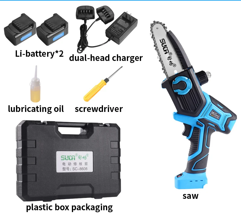 Mini Portable Lithium Battery Cordless Pocket Chain Saw + Pruner Shears Garden Tools Set 2 in 1 DIY Blue 350W Anti-slip SUCA