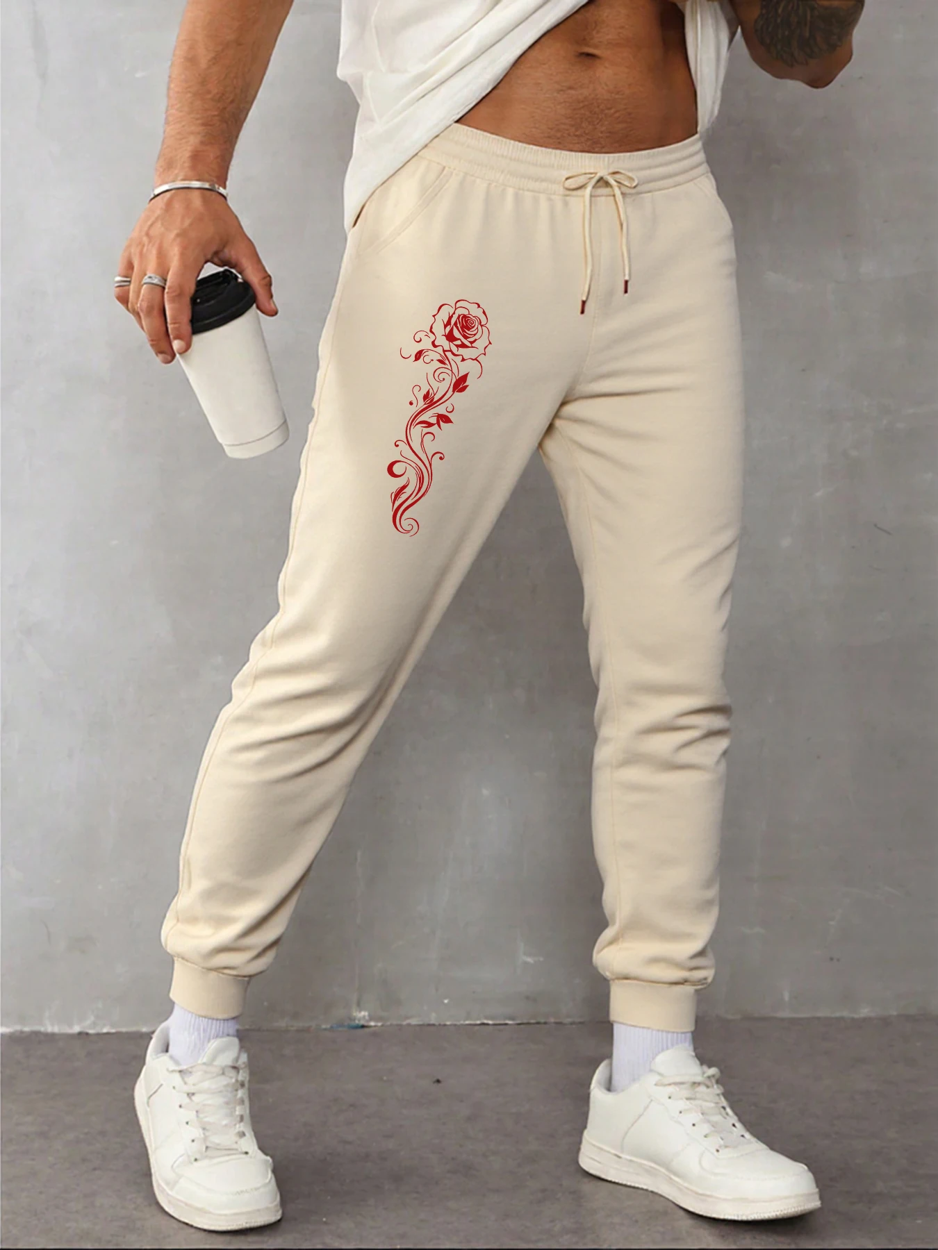 

Beautiful Red Rose Printed Men Pants Trendy Hip Hop Trousers Drawstring Autumn Sweatpants Fashion Male Fleece Y2K Jogging Pant