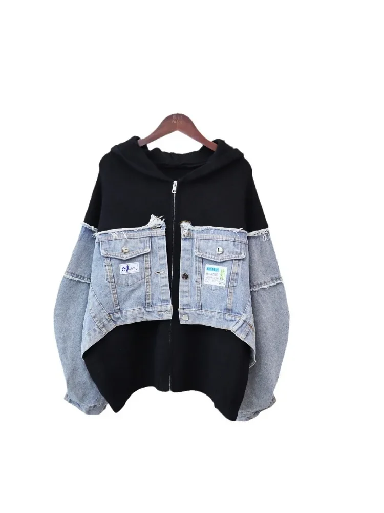 Denim Knitted Cardigan Autumn Winter Spliced Women\'s Hooded Korean Version Fashionable Loose Design Western Style Sweater Jacket