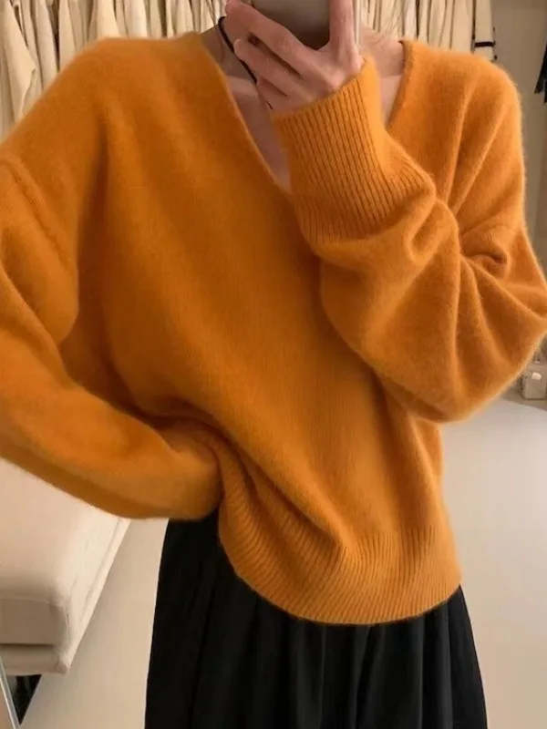 

Ladies' Orange V-Ne Pullover Sweater Loose Comfortable Knitted Base Layer Top Soft Cozy Autumn Winter Inner Wear