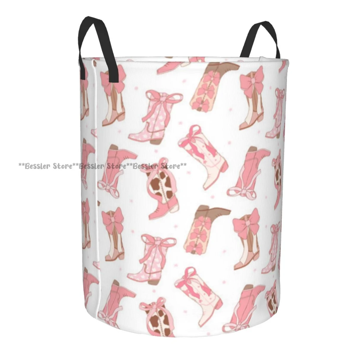 Foldable Laundry Basket for Dirty Clothes Cowgirl Western Cowboy Boots Pink Bowknots Storage Hamper